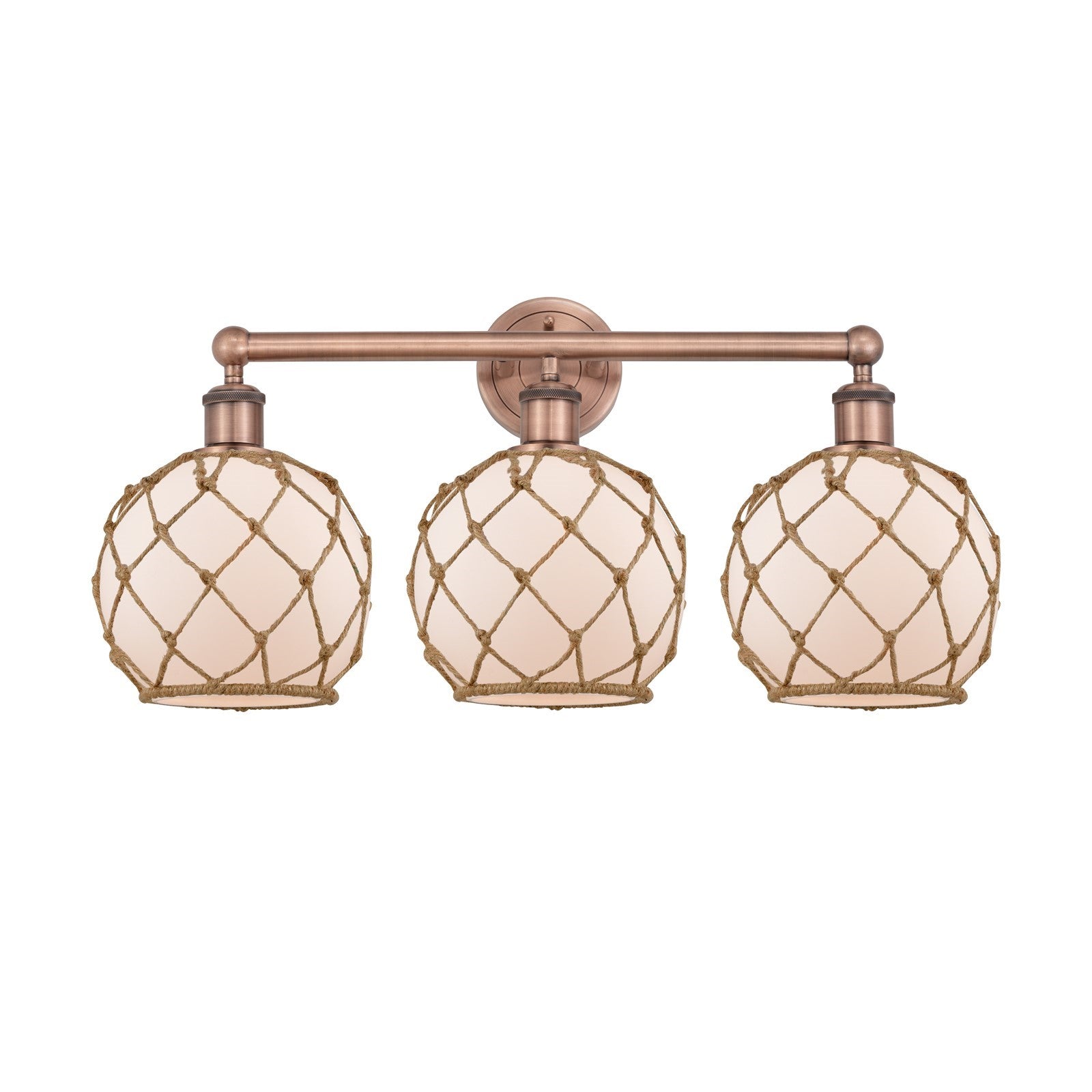 Innovations Farmhouse Rope 26in 3-Light Bath Vanity | Industrial Antique Copper and White Glass with Brown Rope | Bathroom | Model 616-3W-AC-G121-8RB