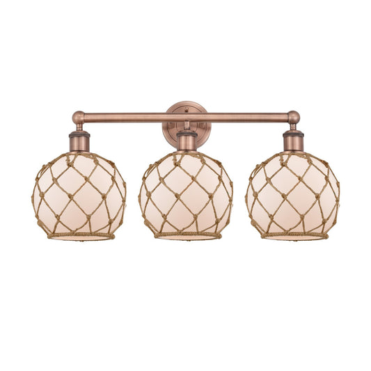 Innovations Farmhouse Rope 26in 3-Light Bath Vanity | Industrial Antique Copper and White Glass with Brown Rope | Bathroom | Model 616-3W-AC-G121-8RB