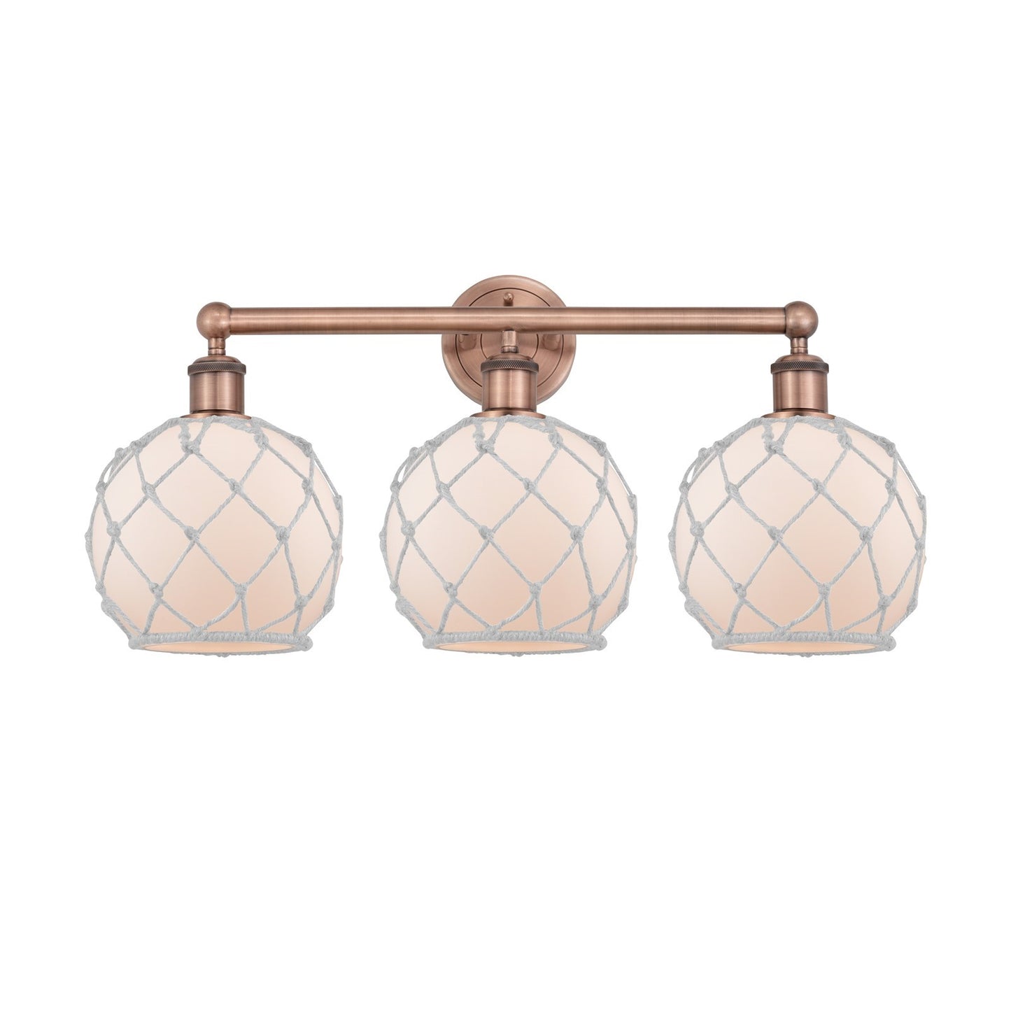 Innovations Farmhouse Rope 26in 3-Light Bath Vanity Light | Industrial Antique Copper Steel and White Frosted Glass with Rope | Model 616-3W-AC-G121-8RW