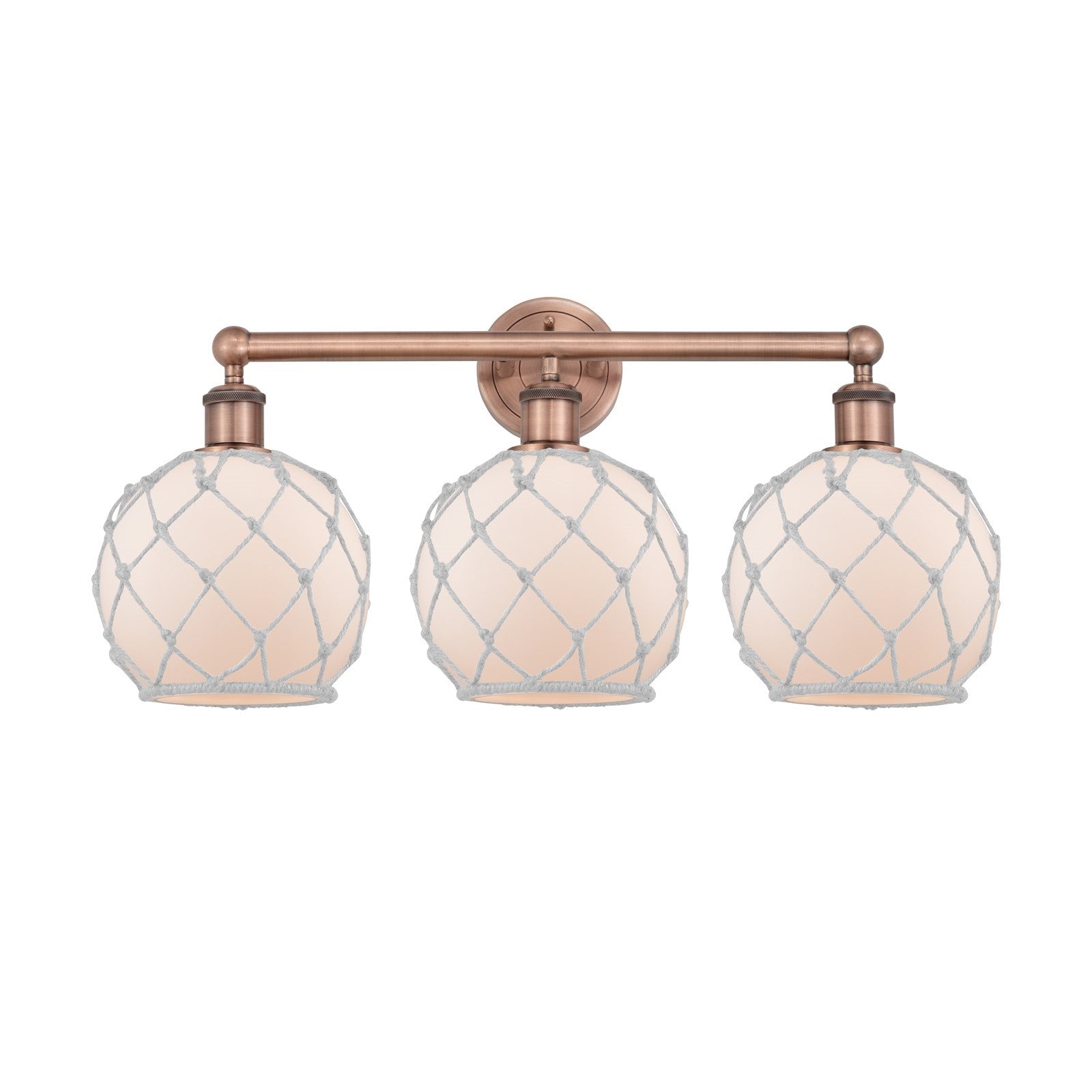Innovations Farmhouse Rope 26in 3-Light Bath Vanity Light | Industrial Antique Copper Steel and White Frosted Glass with Rope | Model 616-3W-AC-G121-8RW
