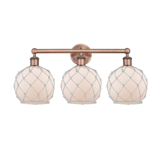 Innovations Farmhouse Rope 26in 3-Light Bath Vanity Light | Industrial Antique Copper Steel and White Frosted Glass with Rope | Model 616-3W-AC-G121-8RW