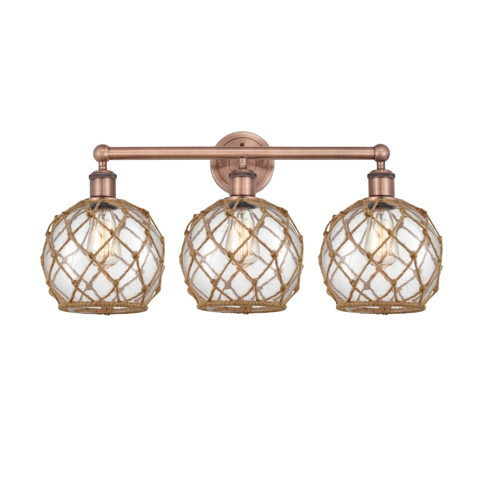 Innovations Farmhouse Rope 26in 3-Light Bath Vanity Light | Industrial Antique Copper Steel and Clear Glass with Brown Rope | Model 616-3W-AC-G122-8RB