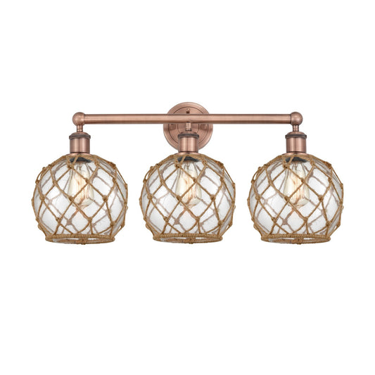Innovations Farmhouse Rope 26in 3-Light Bath Vanity Light | Industrial Antique Copper Steel and Clear Glass with Brown Rope | Model 616-3W-AC-G122-8RB