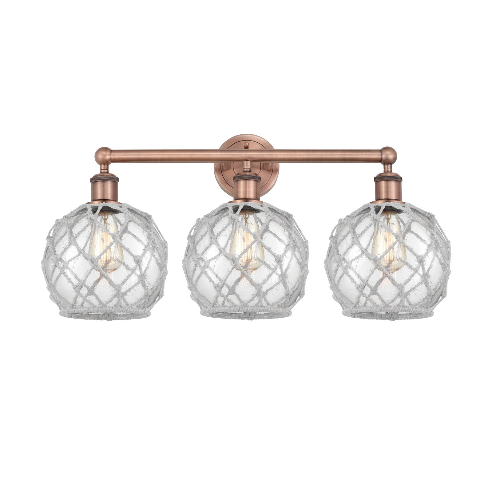 Innovations Farmhouse Rope 26in 3-Light Bath Vanity | Industrial Antique Copper Steel and Clear Glass with White Rope | Model 616-3W-AC-G122-8RW