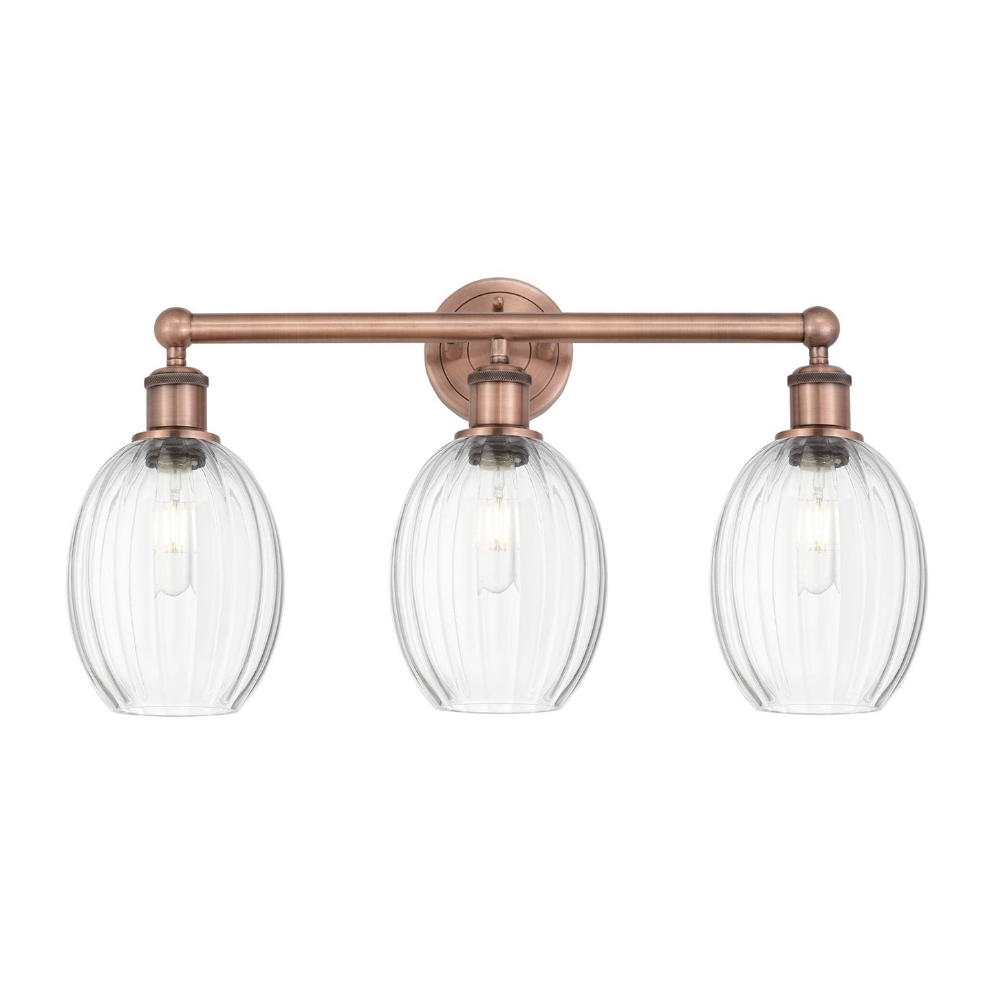 Innovations Preston Bulb 24in 3-Light Bath Vanity Light | Industrial Antique Copper and Clear Glass | Damp-Rated Bathroom | Model 616-3W-AC-G459-6CL