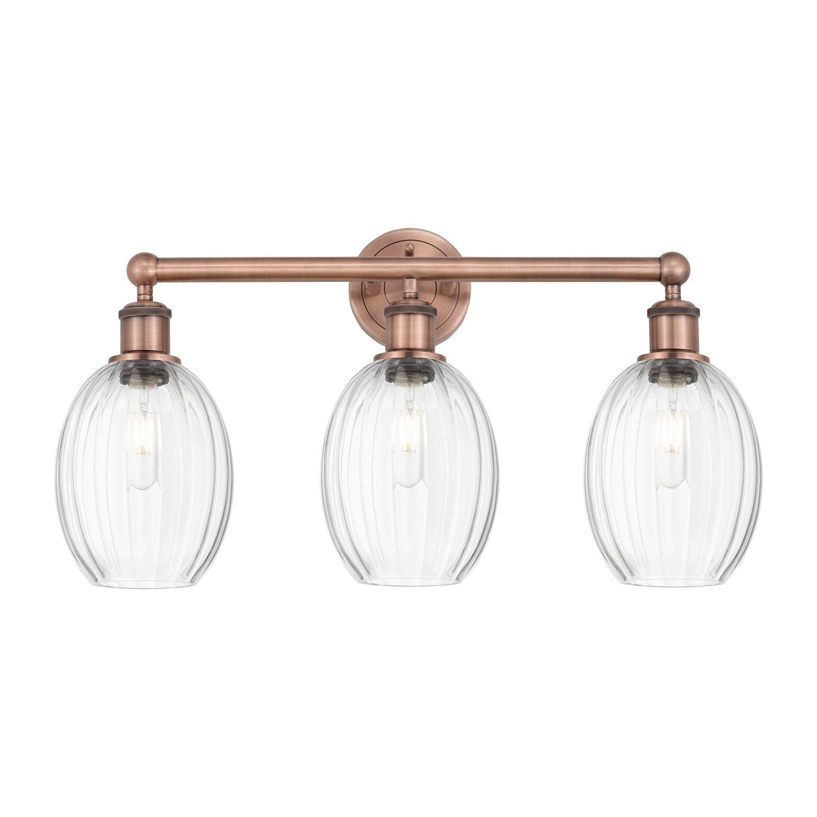 Innovations Preston Bulb 24in 3-Light Bath Vanity Light | Industrial Antique Copper and Clear Glass | Damp-Rated Bathroom | Model 616-3W-AC-G459-6CL