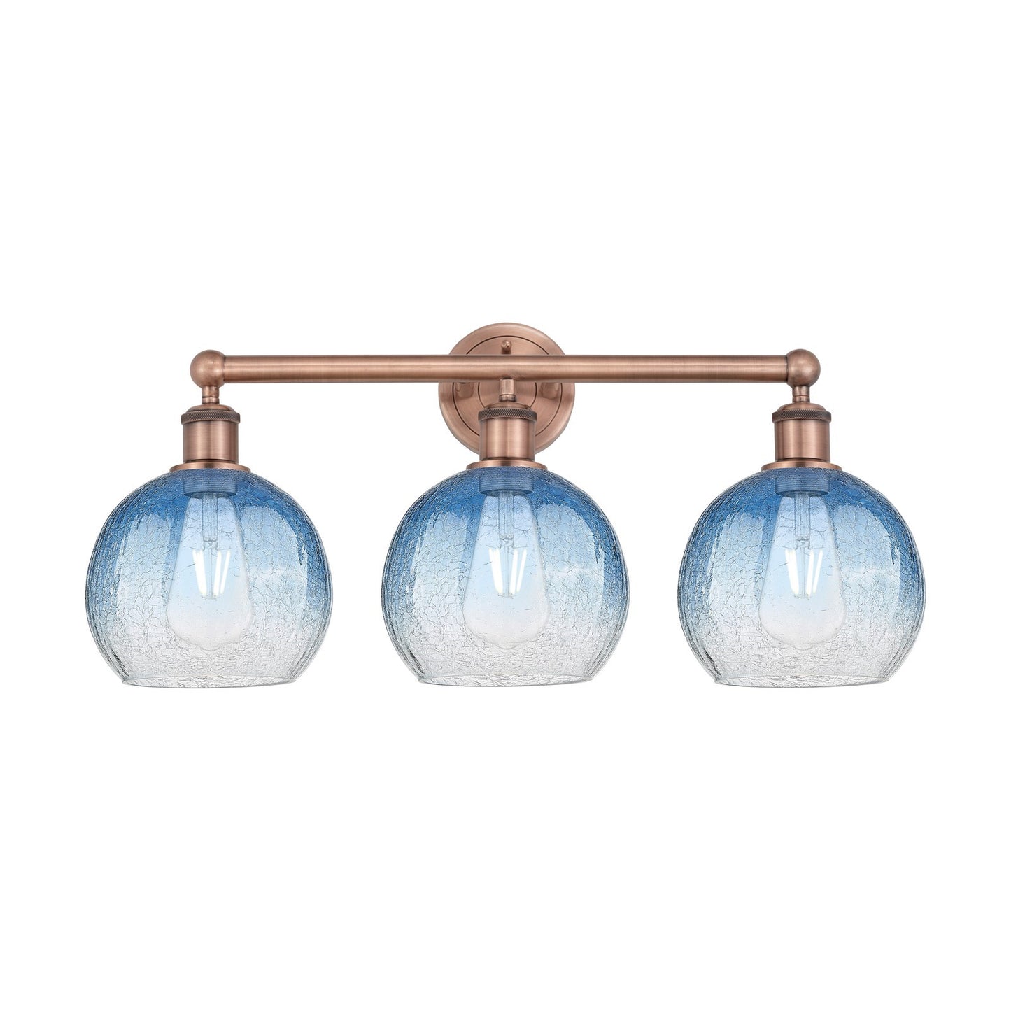 Innovations Brookhaven Globe 26in 3-Light Bath Vanity Light | Industrial Antique Copper and Sapphire Blue Glass | Damp Rated | Model 616-3W-AC-G483-8SB
