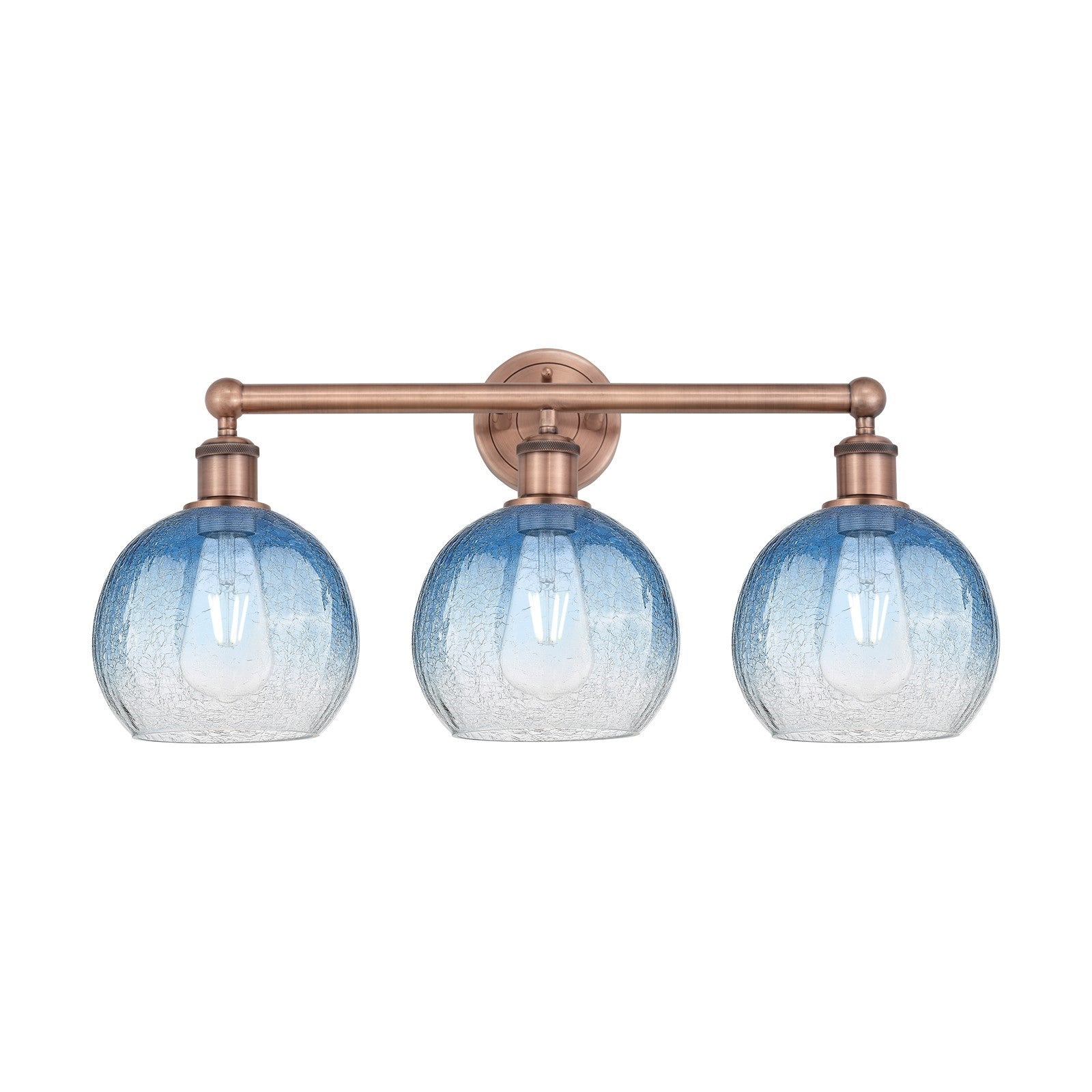 Innovations Brookhaven Globe 26in 3-Light Bath Vanity Light | Industrial Antique Copper and Sapphire Blue Glass | Damp Rated | Model 616-3W-AC-G483-8SB