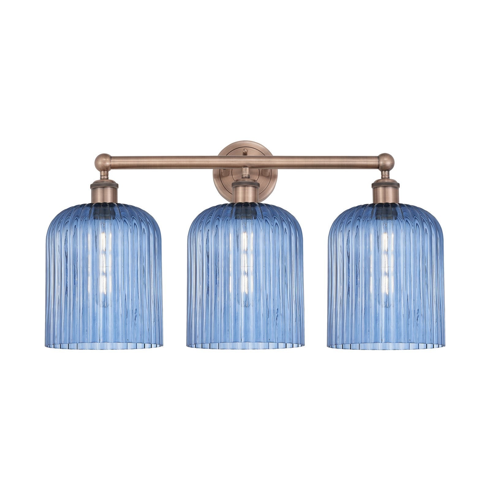 Innovations Bridal Veil 23in 3-Light Bath Vanity Light | Art Nouveau Antique Copper and Princess Blue Ribbed Glass | Bathroom & | Model 616-3W-AC-G559-8BL
