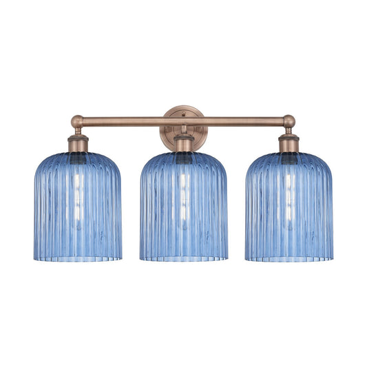Innovations Bridal Veil 23in 3-Light Bath Vanity Light | Art Nouveau Antique Copper and Princess Blue Ribbed Glass | Bathroom & | Model 616-3W-AC-G559-8BL