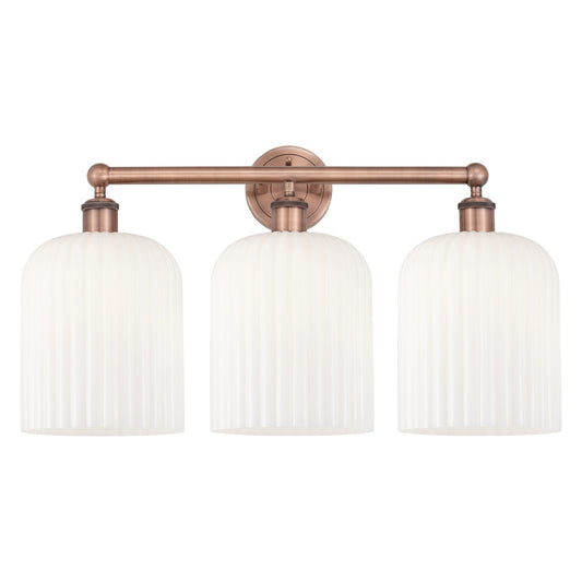 Innovations Bridal Veil 23in 3-Light Bath Vanity Light | Art Nouveau Antique Copper and Gloss White Ribbed Glass | Bathroom | Model 616-3W-AC-G559-8GWH