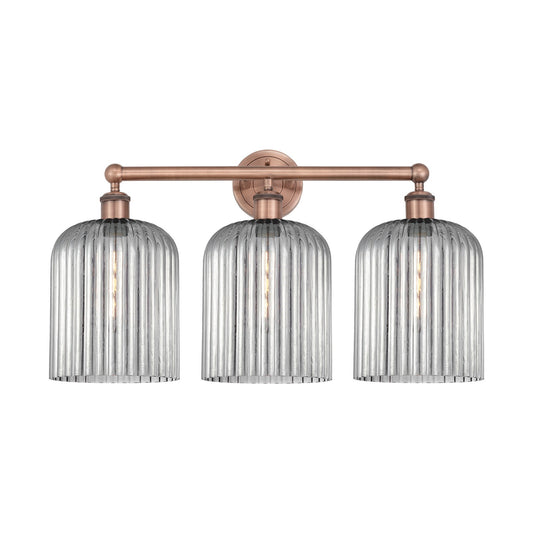 Innovations Bridal Veil 23in 3-Light Bath Vanity Light | Art Nouveau Industrial Antique Copper and Light Smoke Ribbed Glass | Model 616-3W-AC-G559-8SM