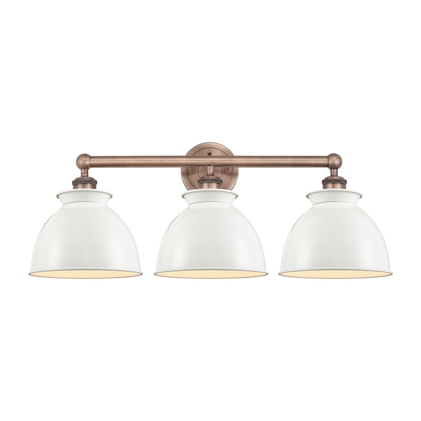 Innovations Adirondack 26in 3-Light Bath Vanity | Industrial Farmhouse Antique Copper and Glossy White Metal Shade | Bathroom | Model 616-3W-AC-M14-W