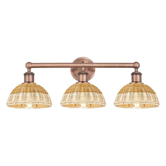 Innovations Lighting Bristol Natural II 26in 3-Light Bath Vanity Light | Industrial Antique Copper and Natural Fiber Shade | Model 616-3W-AC-NBD2-75-NAT