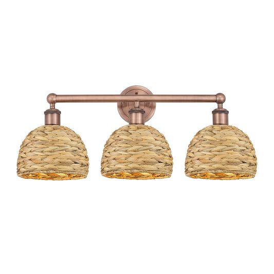 Innovations Woven Rattan 26in 3-Light Bath Vanity Light | Industrial Antique Copper Steel and Natural Fiber Shade | Bathroom | Model 616-3W-AC-RBD-8-NAT