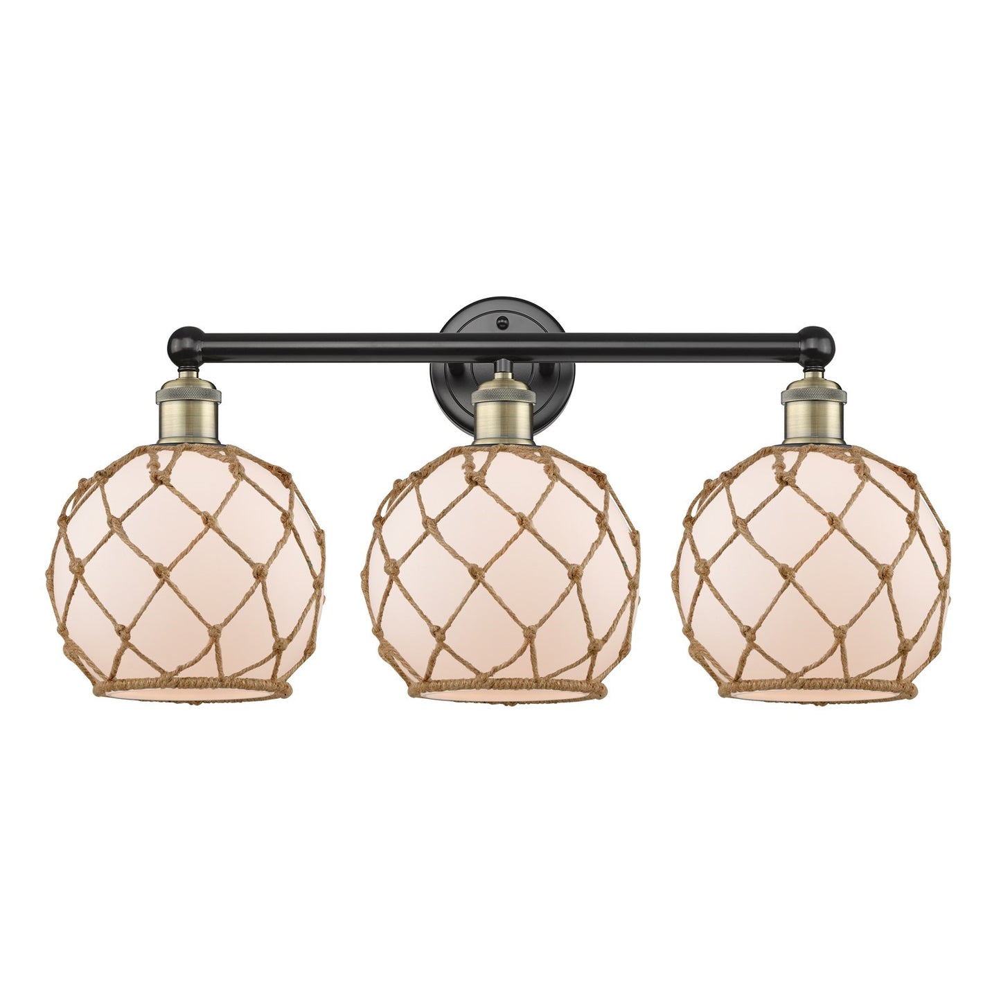 Innovations Farmhouse Rope 26in 3-Light Bath Vanity Light | Industrial Black Antique Brass Steel and White Glass with Brown | Model 616-3W-BAB-G121-8RB