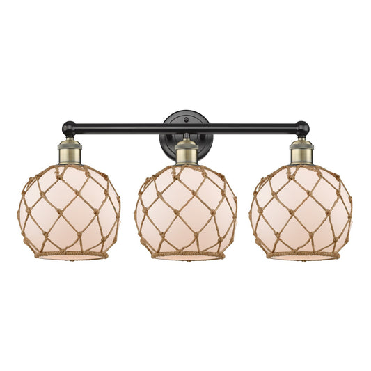 Innovations Farmhouse Rope 26in 3-Light Bath Vanity Light | Industrial Black Antique Brass Steel and White Glass with Brown | Model 616-3W-BAB-G121-8RB