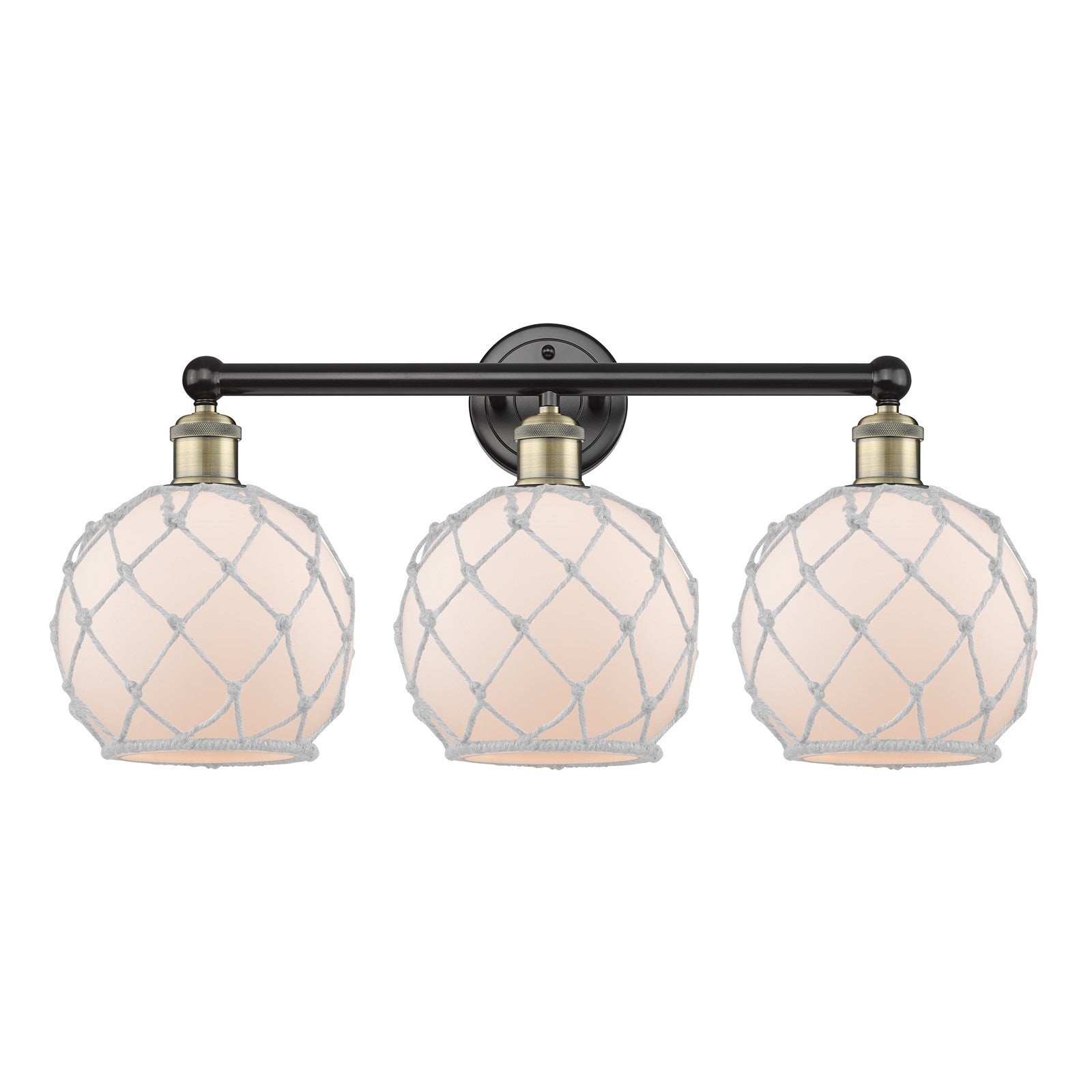 Innovations Farmhouse Rope 26in 3-Light Bath Vanity Light | Industrial Black Antique Brass and White Frosted Glass Rope Shade | Model 616-3W-BAB-G121-8RW