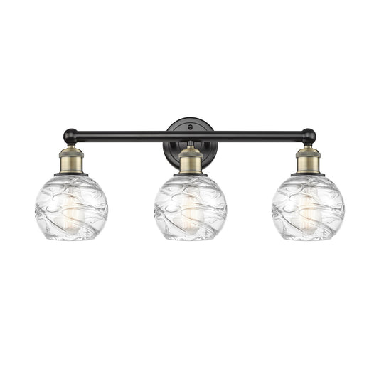 Innovations Athens Deco Swirl 24in 3-Light Bath Vanity Light | Industrial Black Antique Brass and Clear Glass | Damp Rated | Model 616-3W-BAB-G1213-6CL