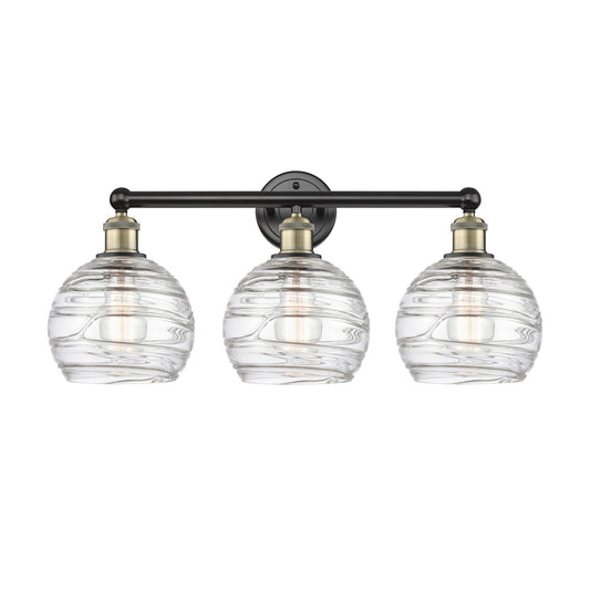 Innovations Athens Deco Swirl 26in 3-Light Bath Vanity Light | Industrial Black Antique Brass and Clear Glass | Bathroom | Model 616-3W-BAB-G1213-8CL