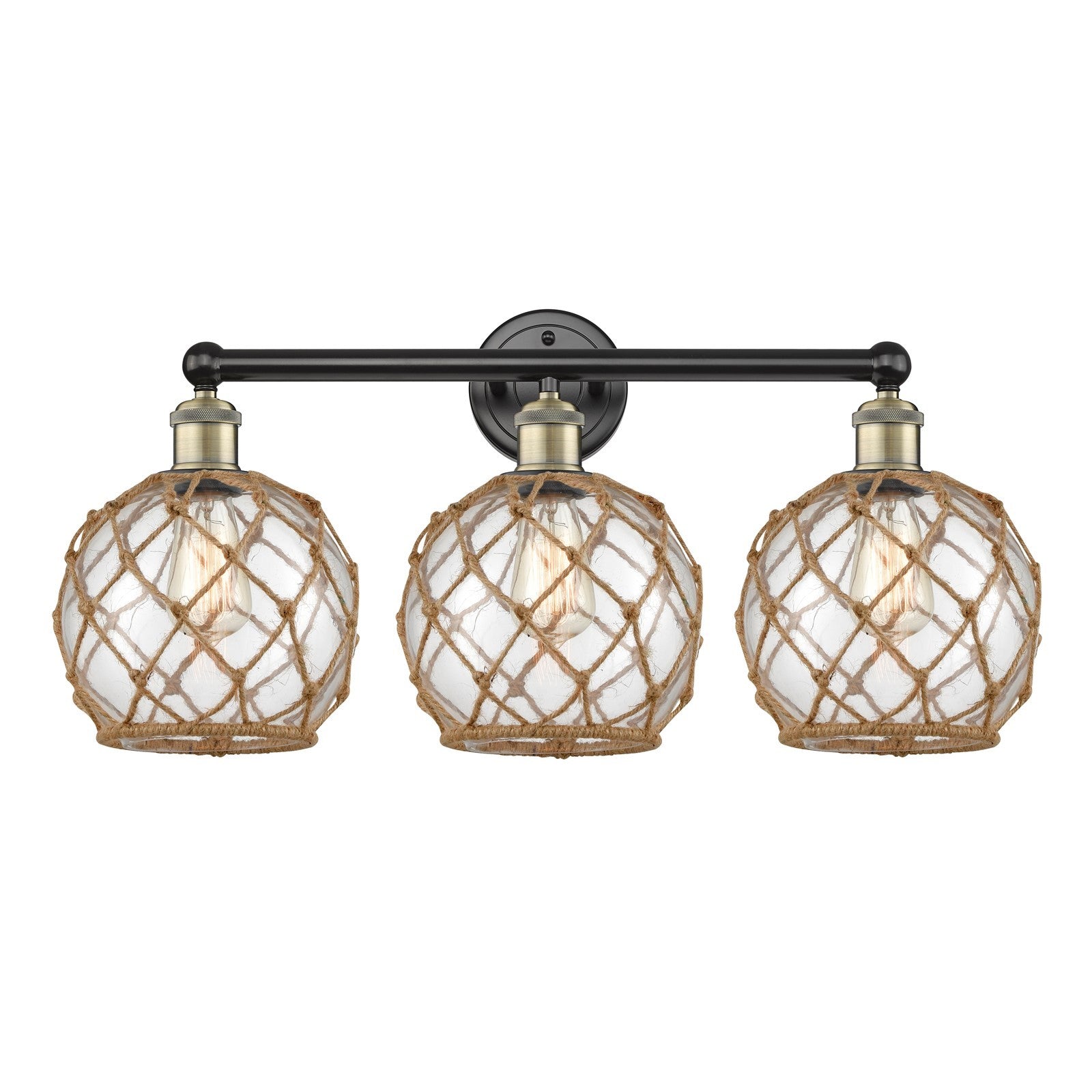 Innovations Farmhouse Rope 26in 3-Light Bath Vanity Light | Industrial Black Antique Brass and Clear Glass with Brown Rope | Model 616-3W-BAB-G122-8RB
