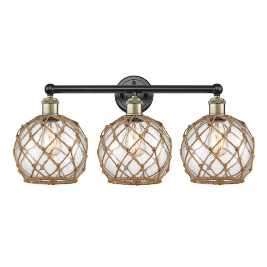 Innovations Farmhouse Rope 26in 3-Light Bath Vanity Light | Industrial Black Antique Brass and Clear Glass with Brown Rope | Model 616-3W-BAB-G122-8RB