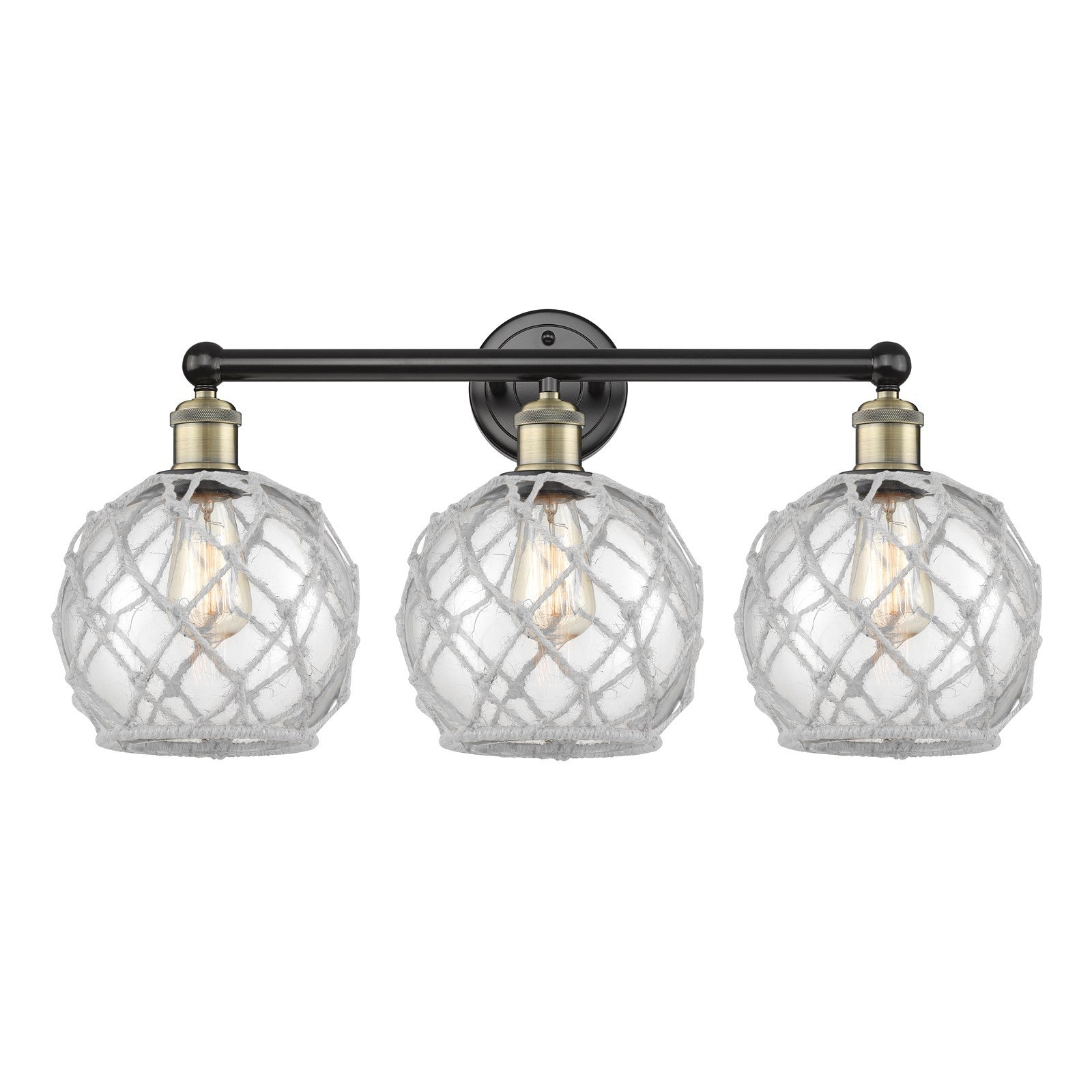 Innovations Farmhouse Rope 26in 3-Light Bath Vanity Light | Industrial Black Antique Brass and Clear Glass with White Rope | Model 616-3W-BAB-G122-8RW