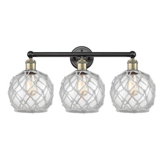 Innovations Farmhouse Rope 26in 3-Light Bath Vanity Light | Industrial Black Antique Brass and Clear Glass with White Rope | Model 616-3W-BAB-G122-8RW