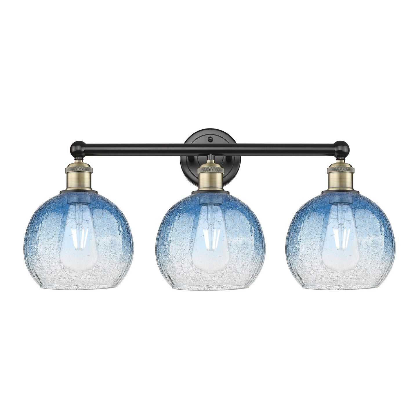 Innovations Brookhaven Globe 26in 3-Light Bath Vanity Light | Industrial Black Antique Brass and Sapphire Blue Glass | Model 616-3W-BAB-G483-8SB