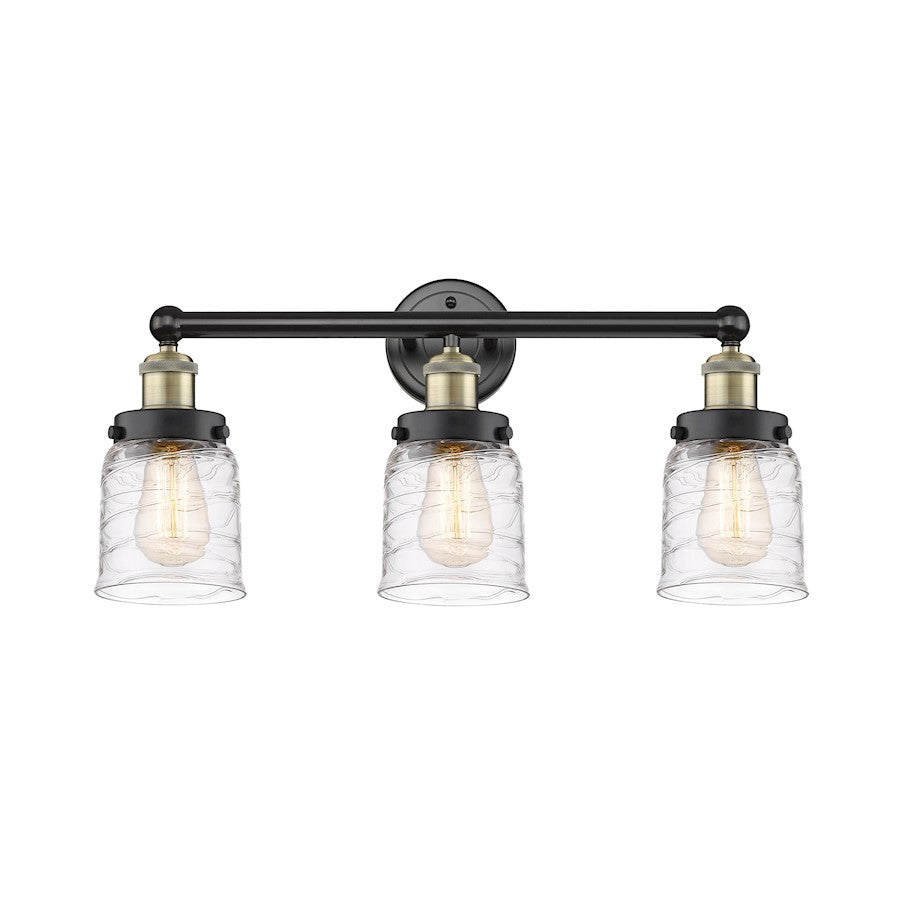 Innovations Edison Bell 25in 3-Light Bathroom Vanity Light | Art Nouveau Industrial Black Antique Brass and Clear Deco Swirl Glass | Model 616-3W-BAB-G513
