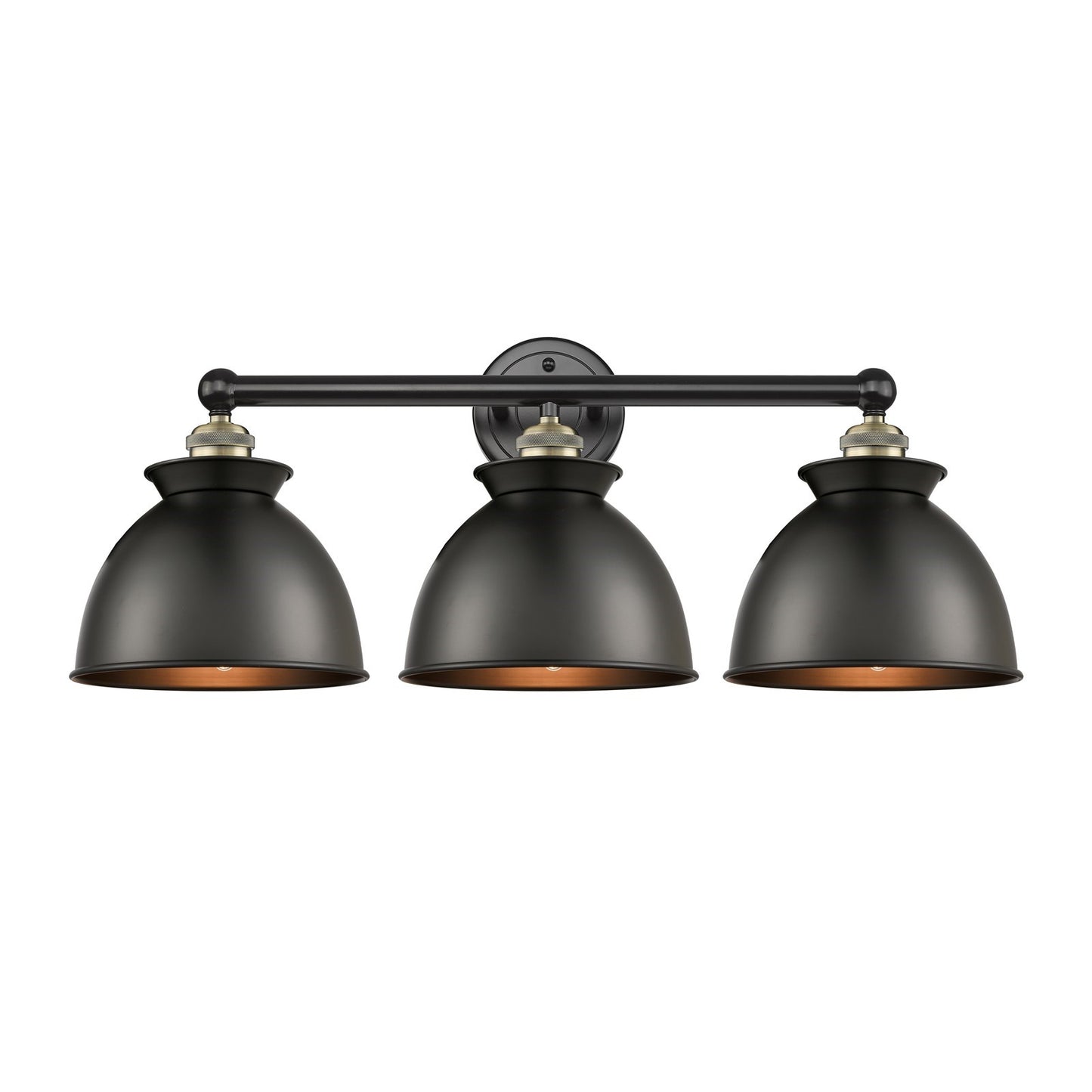 Innovations Adirondack 26in 3-Light Bath Vanity Light | Industrial Black Antique Brass and Matte Black Metal Shade | Bathroom | Model 616-3W-BAB-M14-BK