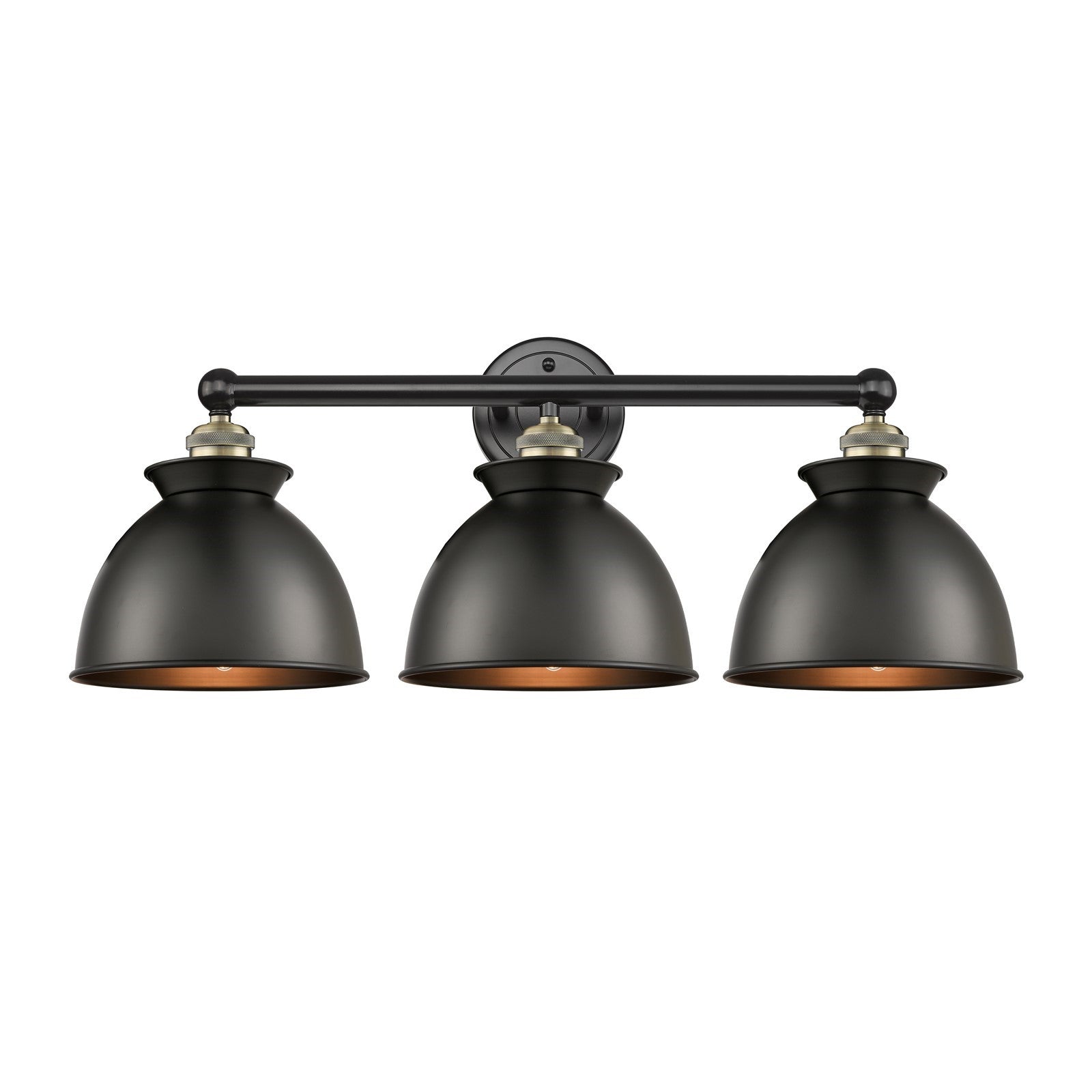 Innovations Adirondack 26in 3-Light Bath Vanity Light | Industrial Black Antique Brass and Matte Black Metal Shade | Bathroom | Model 616-3W-BAB-M14-BK