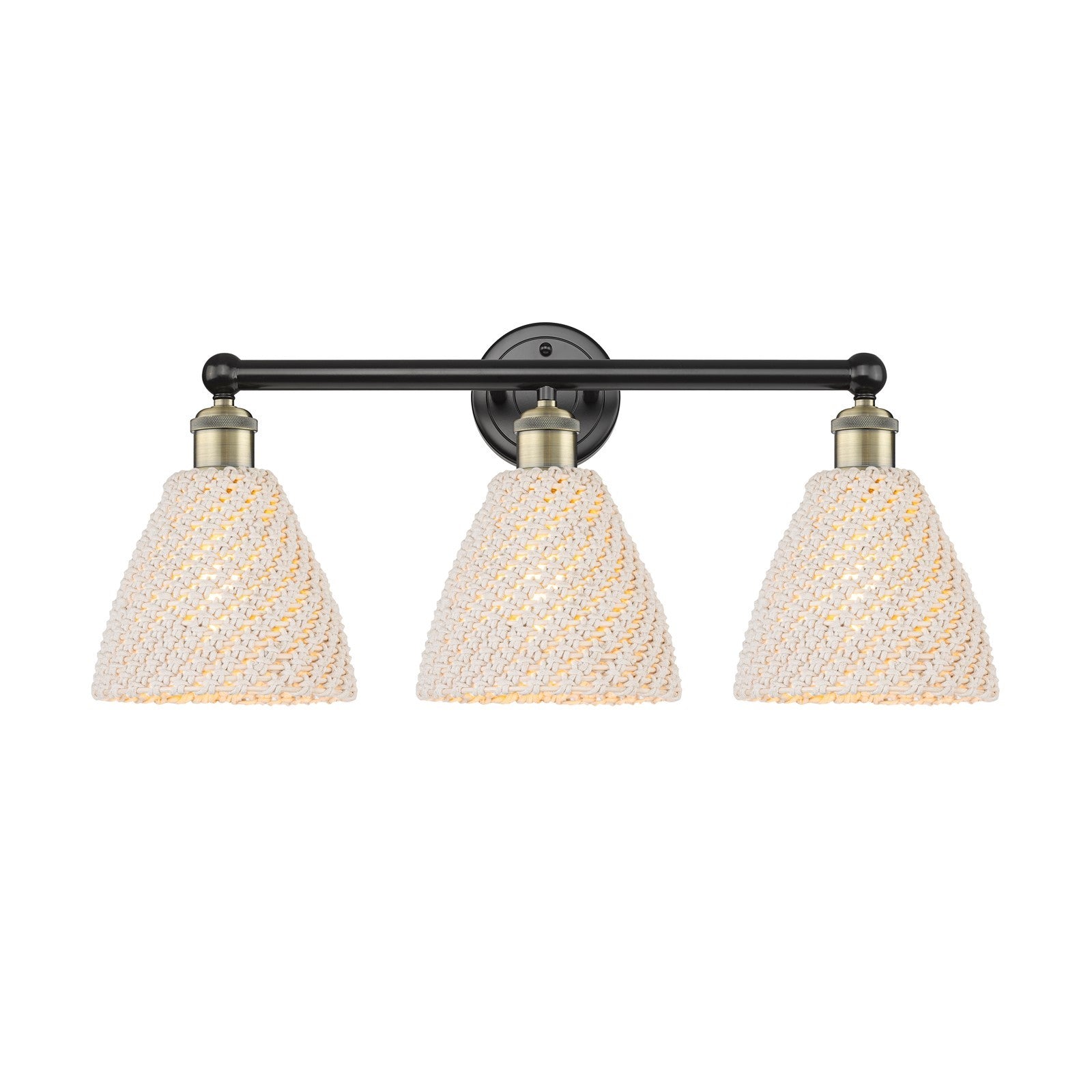 Innovations Bristol Natural 26in 3-Light Bath Vanity Light | Industrial Black Antique Brass and Natural Fiber Dome Shade | Model 616-3W-BAB-NBD-75-NAT