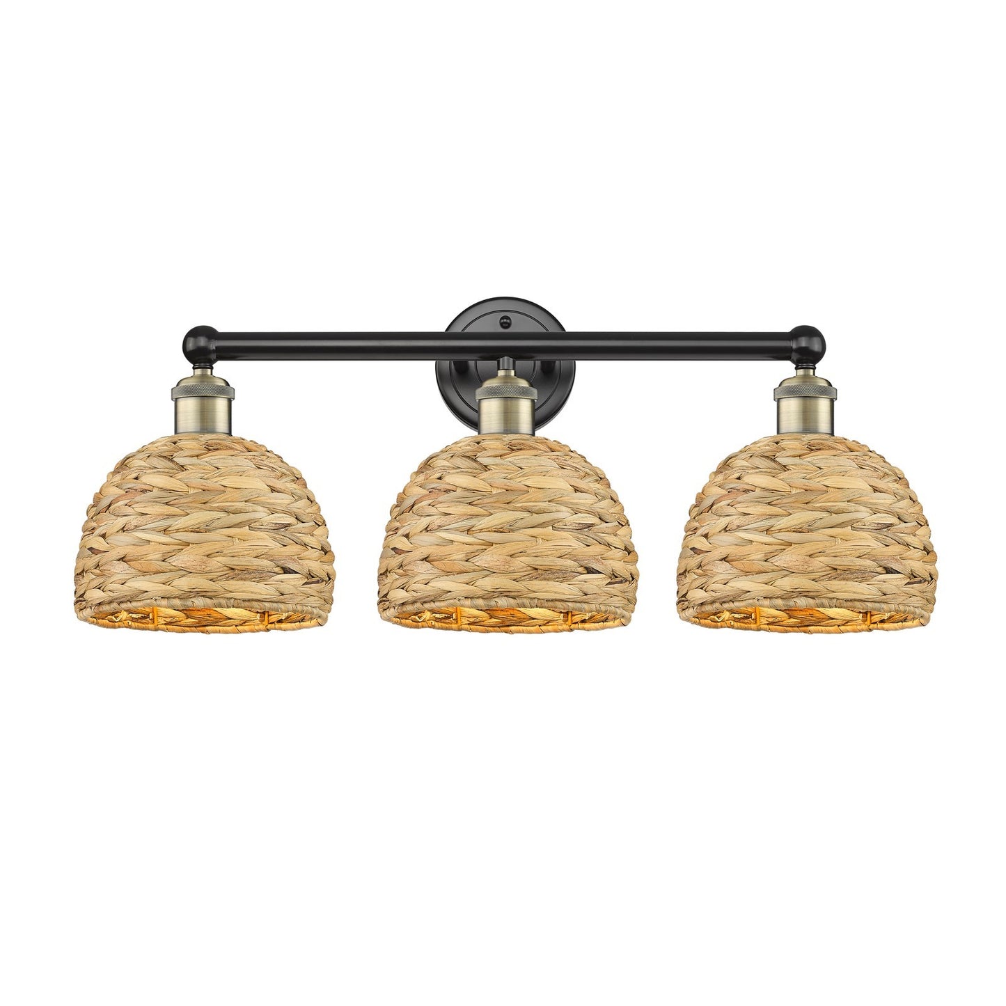 Innovations Woven Rattan 26in 3-Light Bath Vanity Light | Industrial Black Antique Brass and Natural Fiber Shade | Bathroom | Model 616-3W-BAB-RBD-8-NAT
