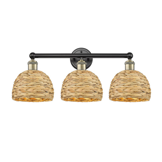 Innovations Woven Rattan 26in 3-Light Bath Vanity Light | Industrial Black Antique Brass and Natural Fiber Shade | Bathroom | Model 616-3W-BAB-RBD-8-NAT