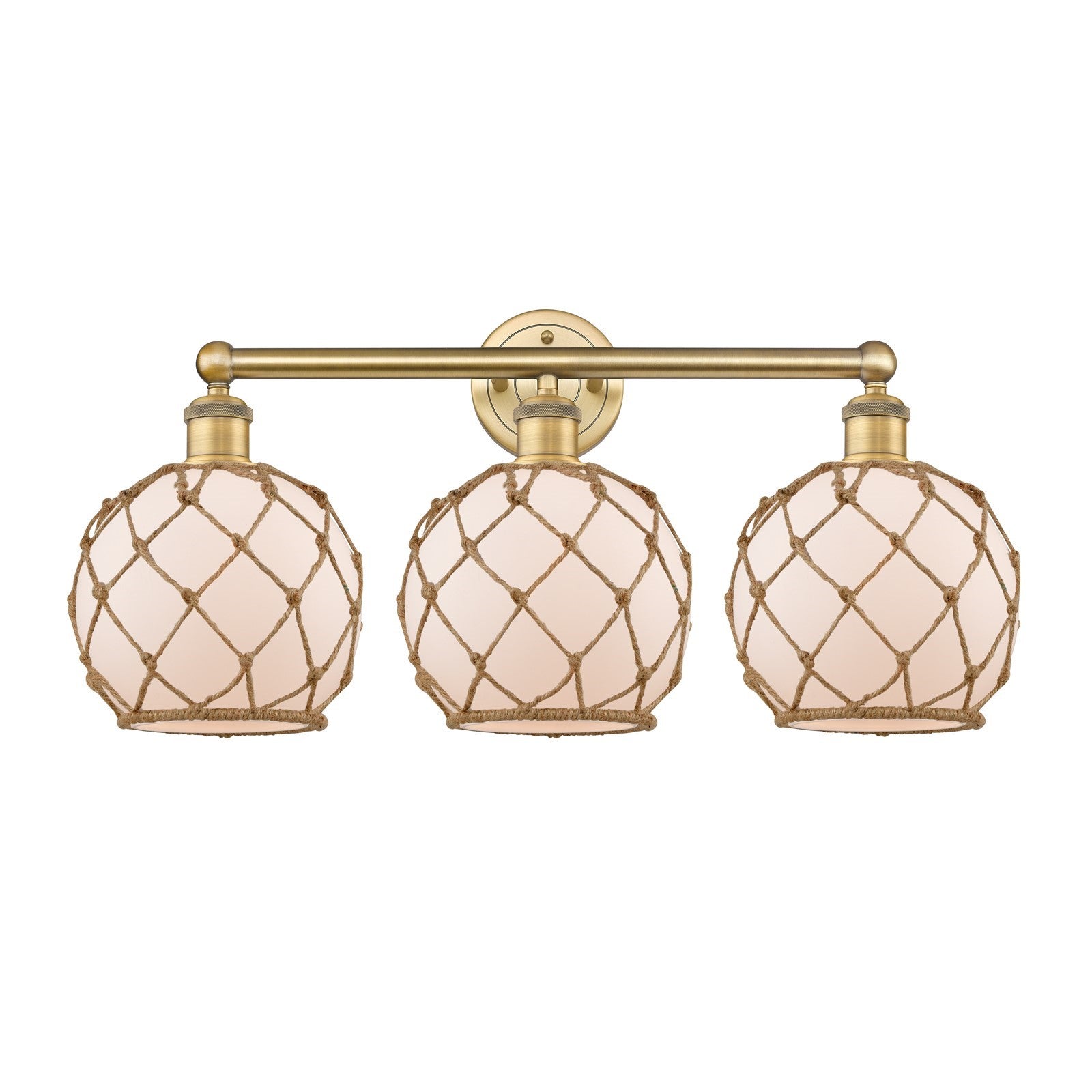 Innovations Farmhouse Rope 26in 3-Light Bath Vanity | Industrial Brushed Brass Steel and White Frosted Glass with Brown Rope | Model 616-3W-BB-G121-8RB