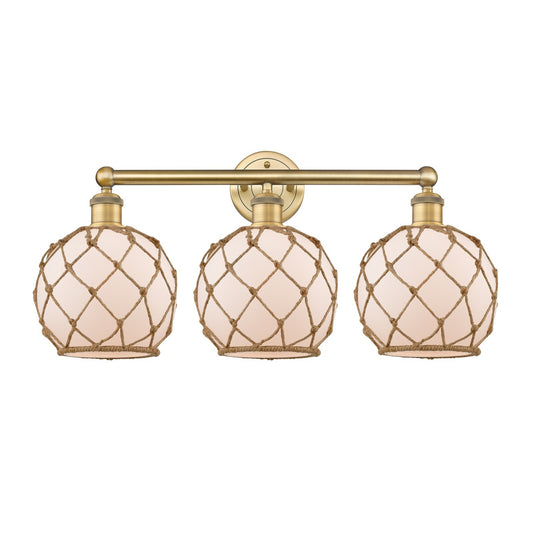 Innovations Farmhouse Rope 26in 3-Light Bath Vanity | Industrial Brushed Brass Steel and White Frosted Glass with Brown Rope | Model 616-3W-BB-G121-8RB