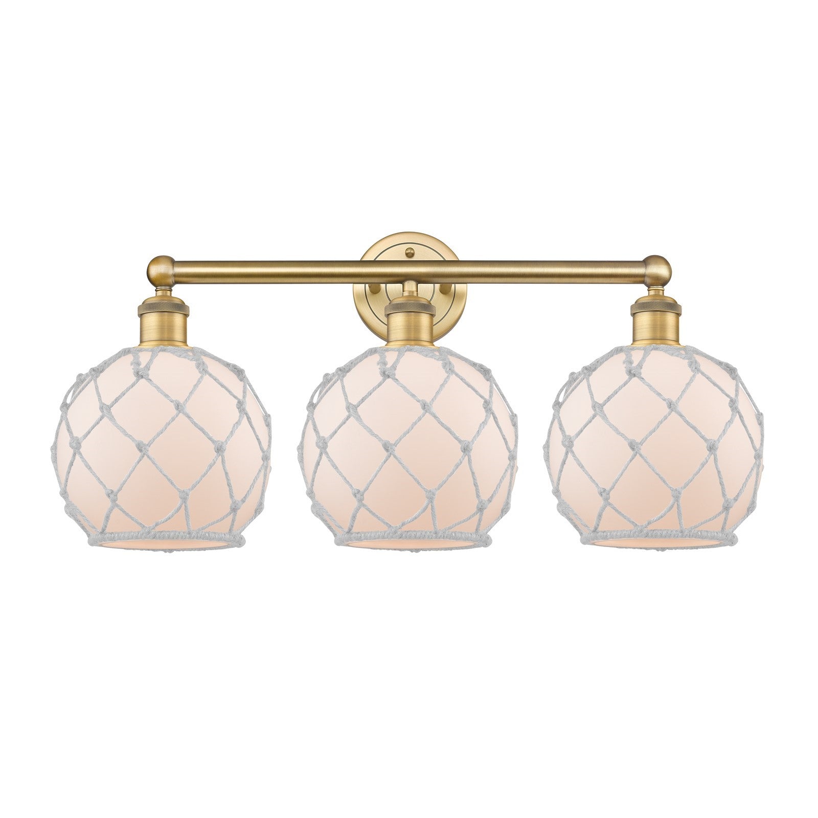 Innovations Farmhouse Rope 26in 3-Light Bath Vanity | Industrial Brushed Brass Steel and White Frosted Glass with Rope | Model 616-3W-BB-G121-8RW