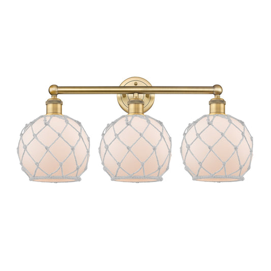 Innovations Farmhouse Rope 26in 3-Light Bath Vanity | Industrial Brushed Brass Steel and White Frosted Glass with Rope | Model 616-3W-BB-G121-8RW