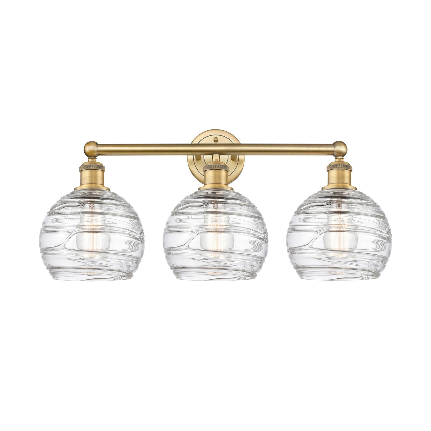 Innovations Athens Deco Swirl 26in 3-Light Bath Vanity | Industrial Brushed Brass Steel and Clear Deco Swirl Glass | Bathroom | Model 616-3W-BB-G1213-8CL