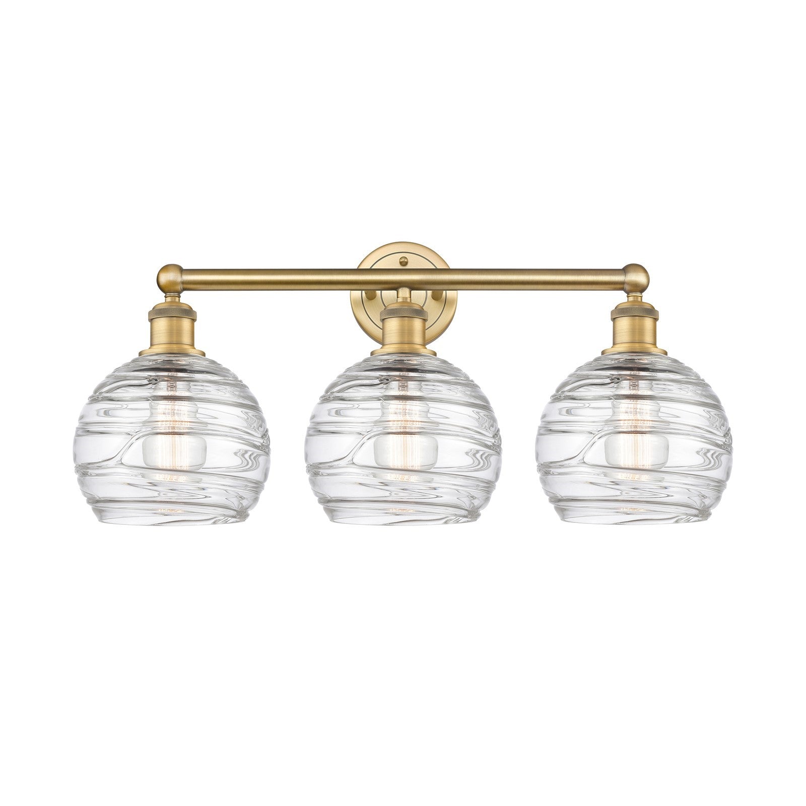 Innovations Athens Deco Swirl 26in 3-Light Bath Vanity | Industrial Brushed Brass Steel and Clear Deco Swirl Glass | Bathroom | Model 616-3W-BB-G1213-8CL