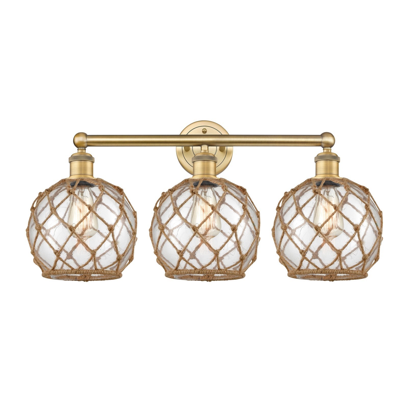 Innovations Farmhouse Rope 26in 3-Light Bath Vanity | Industrial Brushed Brass Steel and Clear Glass with Brown Rope | Bathroom | Model 616-3W-BB-G122-8RB