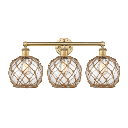 Innovations Farmhouse Rope 26in 3-Light Bath Vanity | Industrial Brushed Brass Steel and Clear Glass with Brown Rope | Bathroom | Model 616-3W-BB-G122-8RB