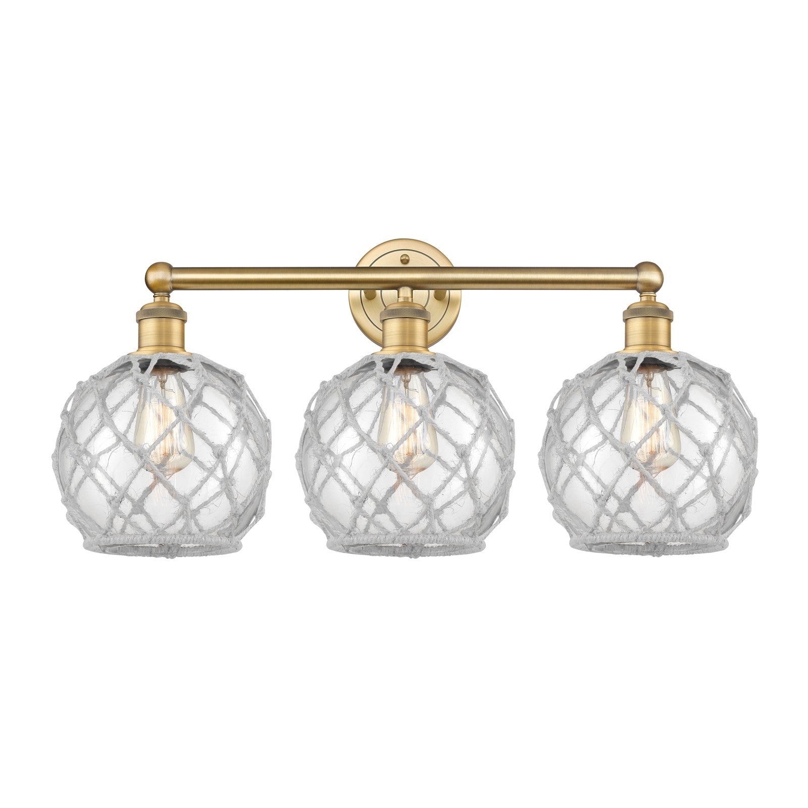 Innovations Farmhouse Rope 26in 3-Light Bath Vanity | Industrial Brushed Brass Steel and Clear Glass with White Rope | Bathroom | Model 616-3W-BB-G122-8RW