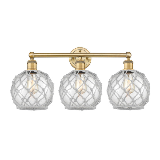 Innovations Farmhouse Rope 26in 3-Light Bath Vanity | Industrial Brushed Brass Steel and Clear Glass with White Rope | Bathroom | Model 616-3W-BB-G122-8RW