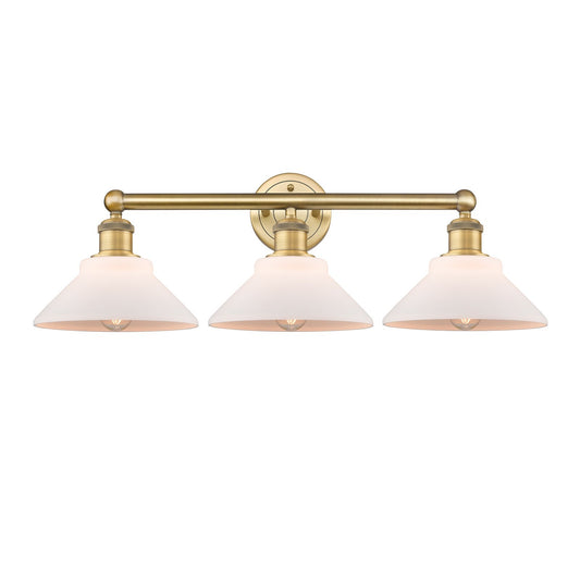 Innovations Orwell 26in 3-Light Bath Vanity Light | Industrial Brushed Brass Steel and Matte White Glass | Bathroom Vanity Damp | Model 616-3W-BB-G131