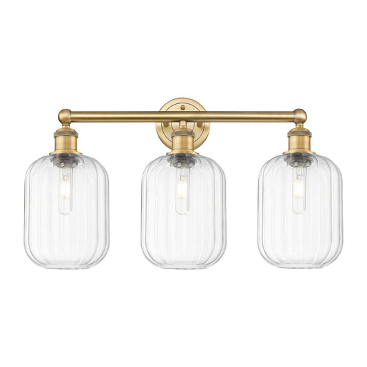 Innovations Preston Cylinder 25in 3-Light Bath Vanity Light | Industrial Brushed Brass Steel and Clear Glass | Bathroom Vanity | Model 616-3W-BB-G460-7CL