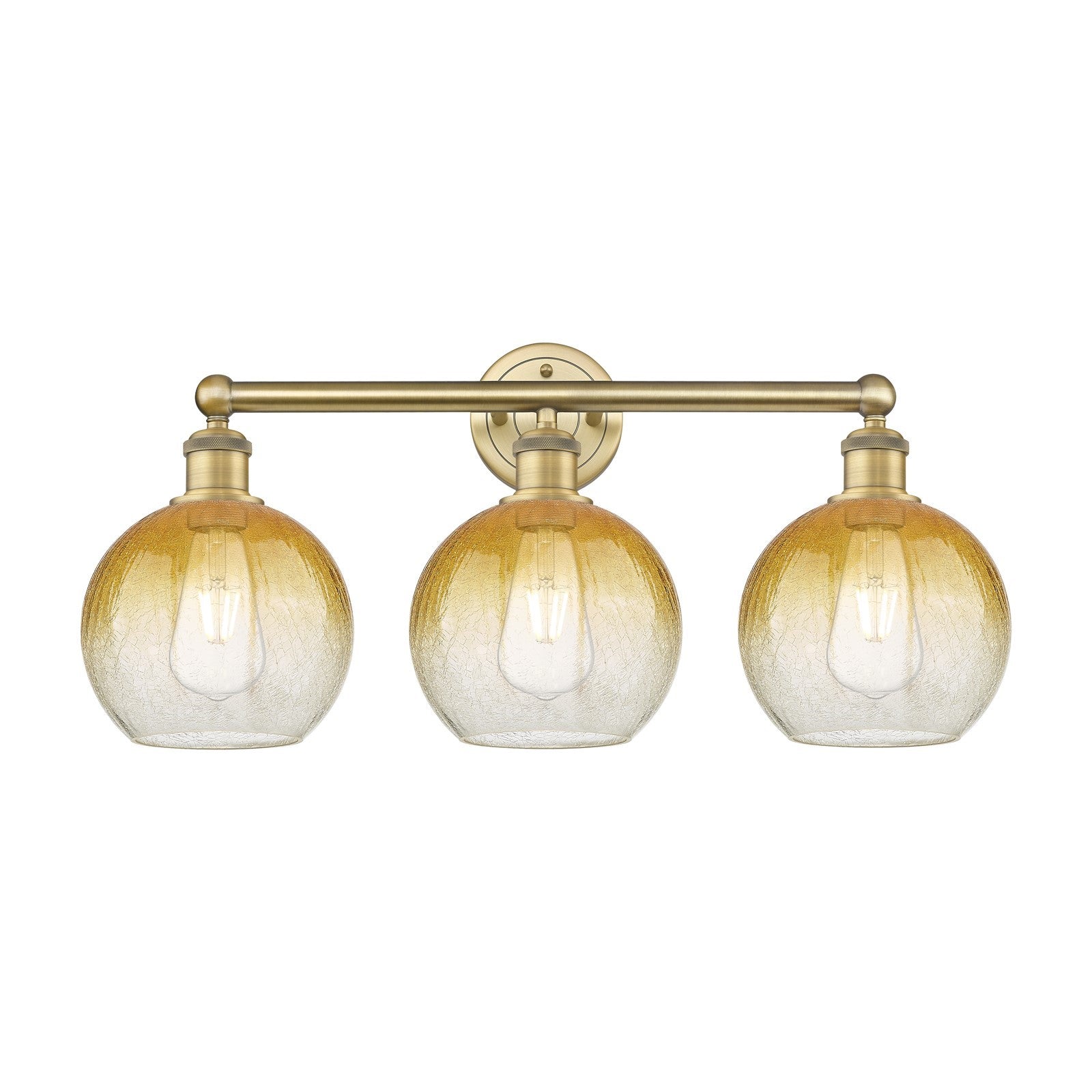 Innovations Brookhaven Globe 26in 3-Light Bath Vanity Light | Industrial Brushed Brass Steel and Amber Glass | Damp Rated | Model 616-3W-BB-G483-8AM