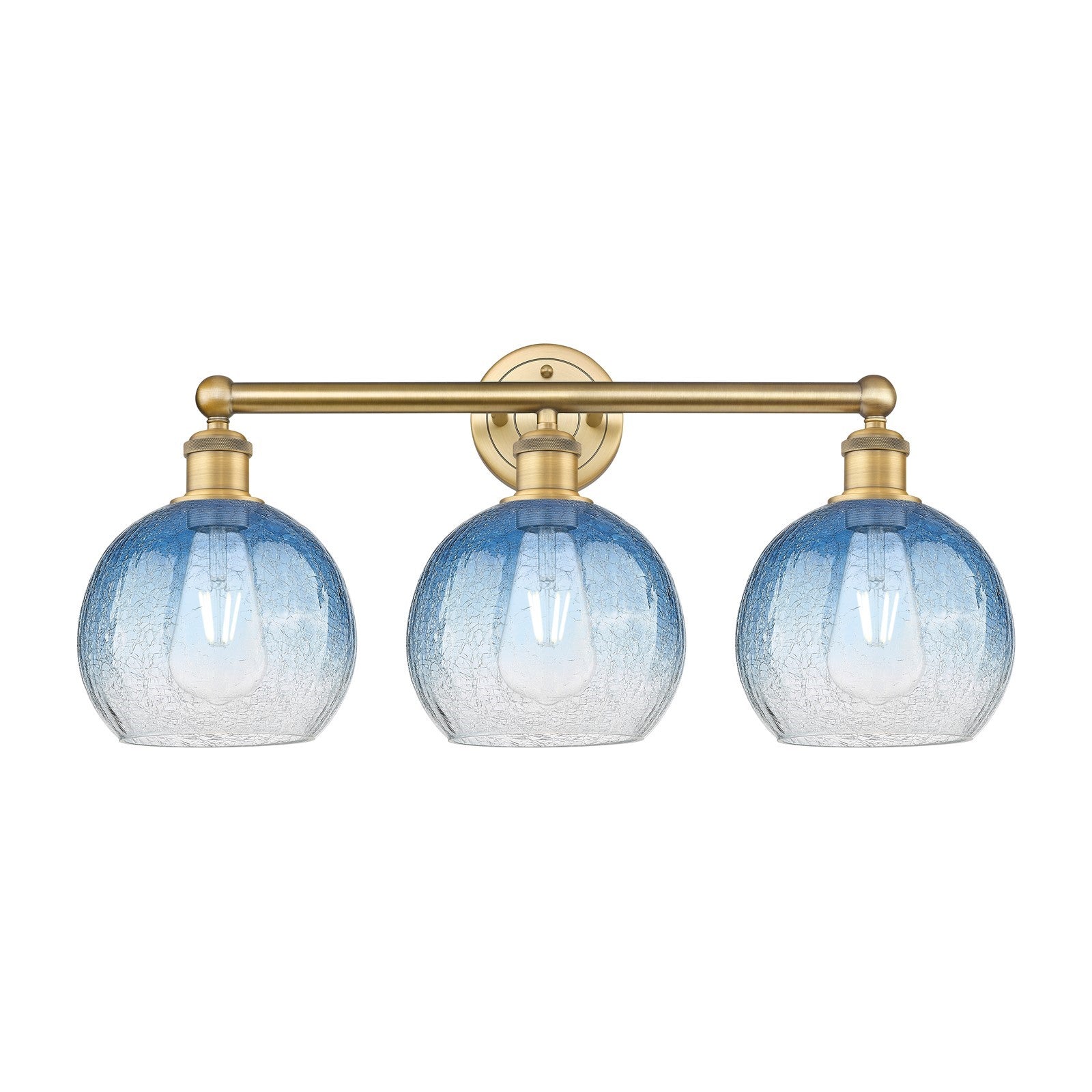 Innovations Brookhaven Globe 26in 3-Light Bath Vanity Light | Industrial Brushed Brass and Sapphire Blue Glass | Bathroom | Model 616-3W-BB-G483-8SB