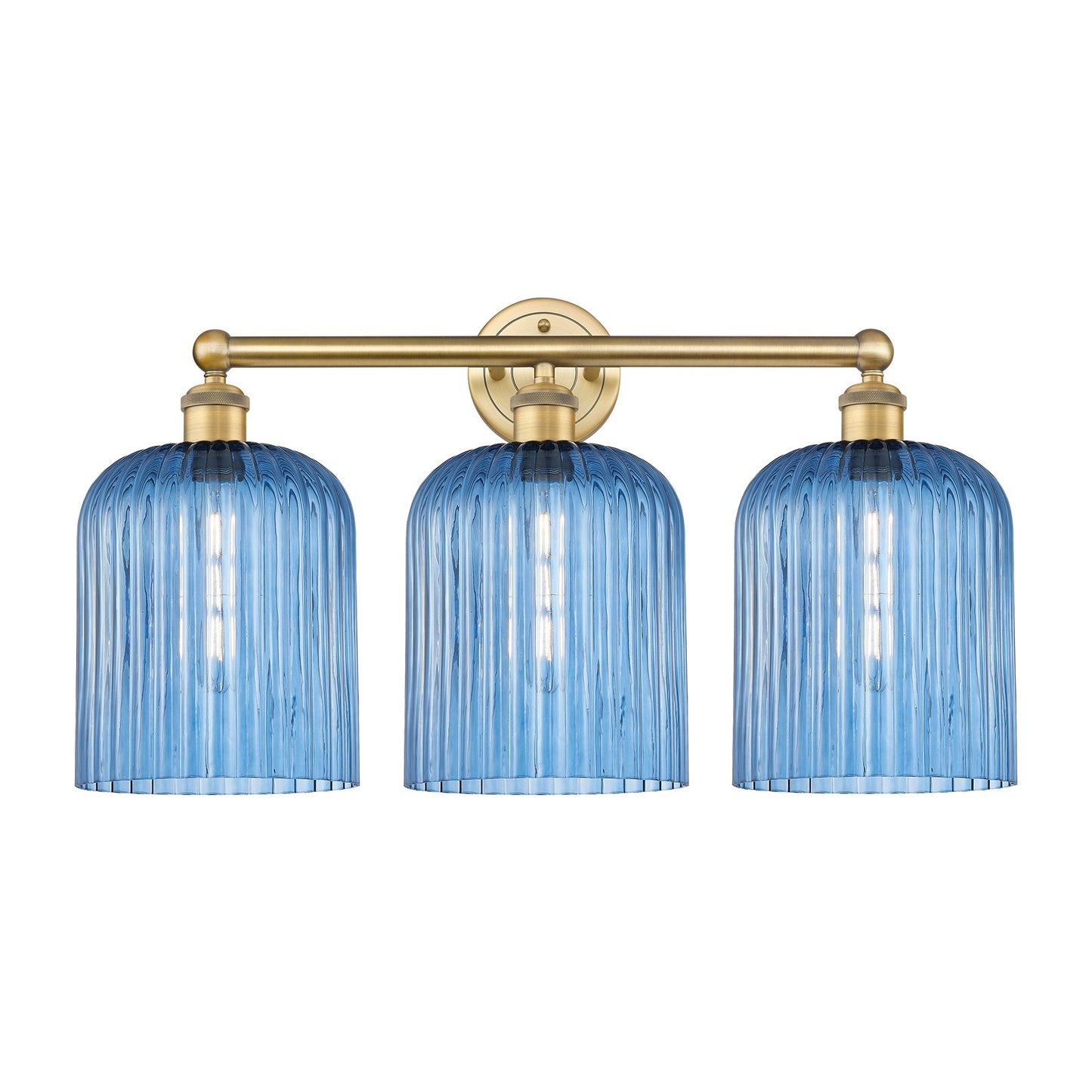 Innovations Bridal Veil 23in 3-Light Bath Vanity | Art Nouveau Brushed Brass Steel and Princess Blue Ribbed Glass | Bathroom & | Model 616-3W-BB-G559-8BL